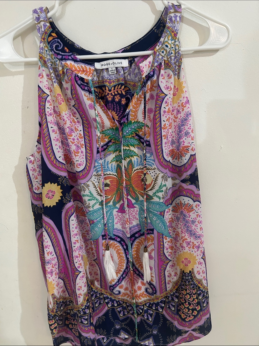 Rose & Olive Purple Paisley Tassel-Front Sleeveless Camisole